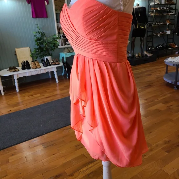 New Coral Peach Chiffon Strapless Dress - Picture 4 of 12